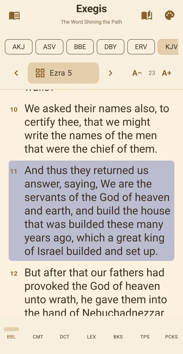 Exegis Android light theme showing highlighted Ezra chapter 5 verse 11