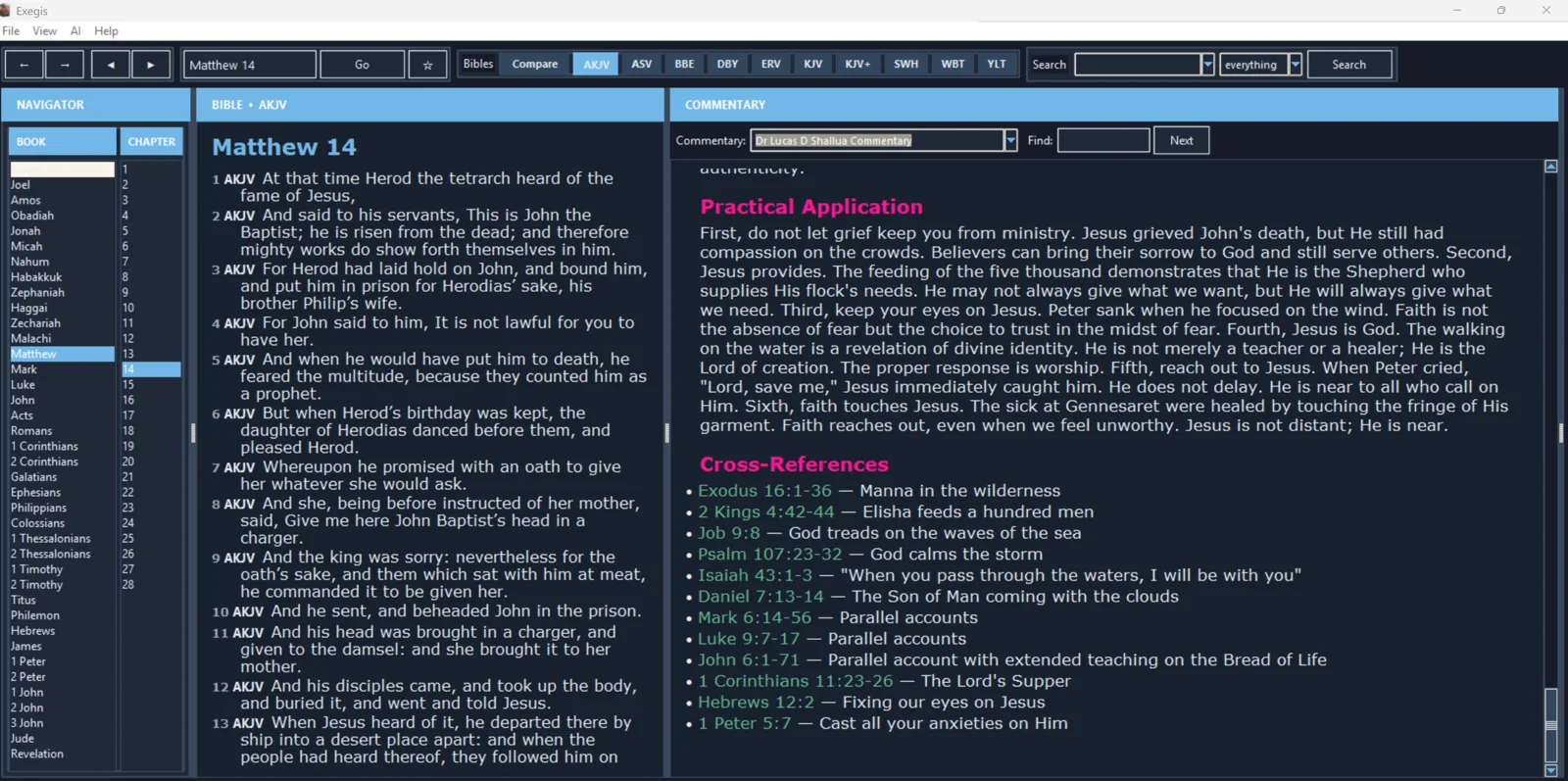 Exegis Windows dark theme showing Matthew 14 and hyperlinked cross-references